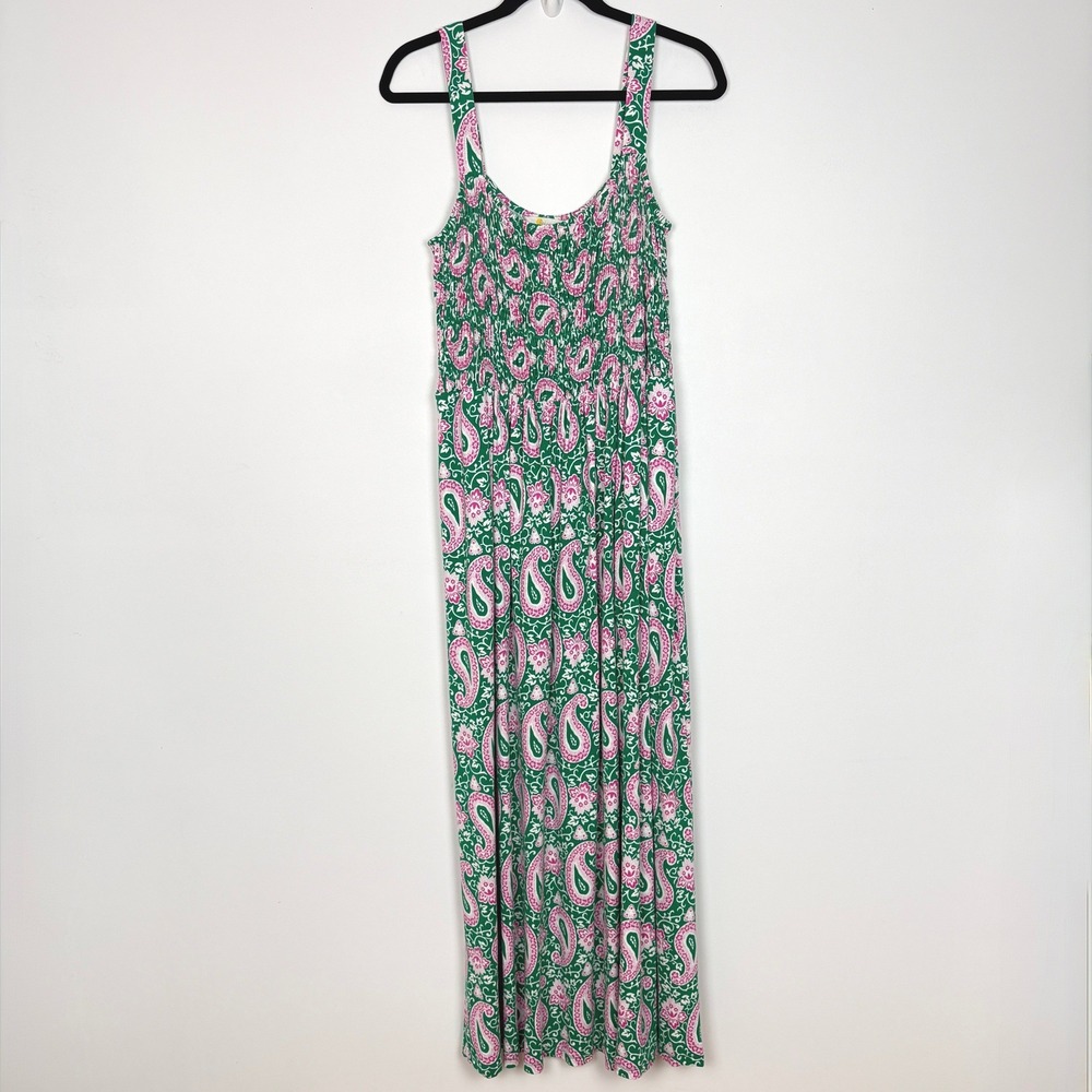 Boden Sleeveless Smocked Jersey Paisley Maxi Dress Size 14L Green Pink Pockets